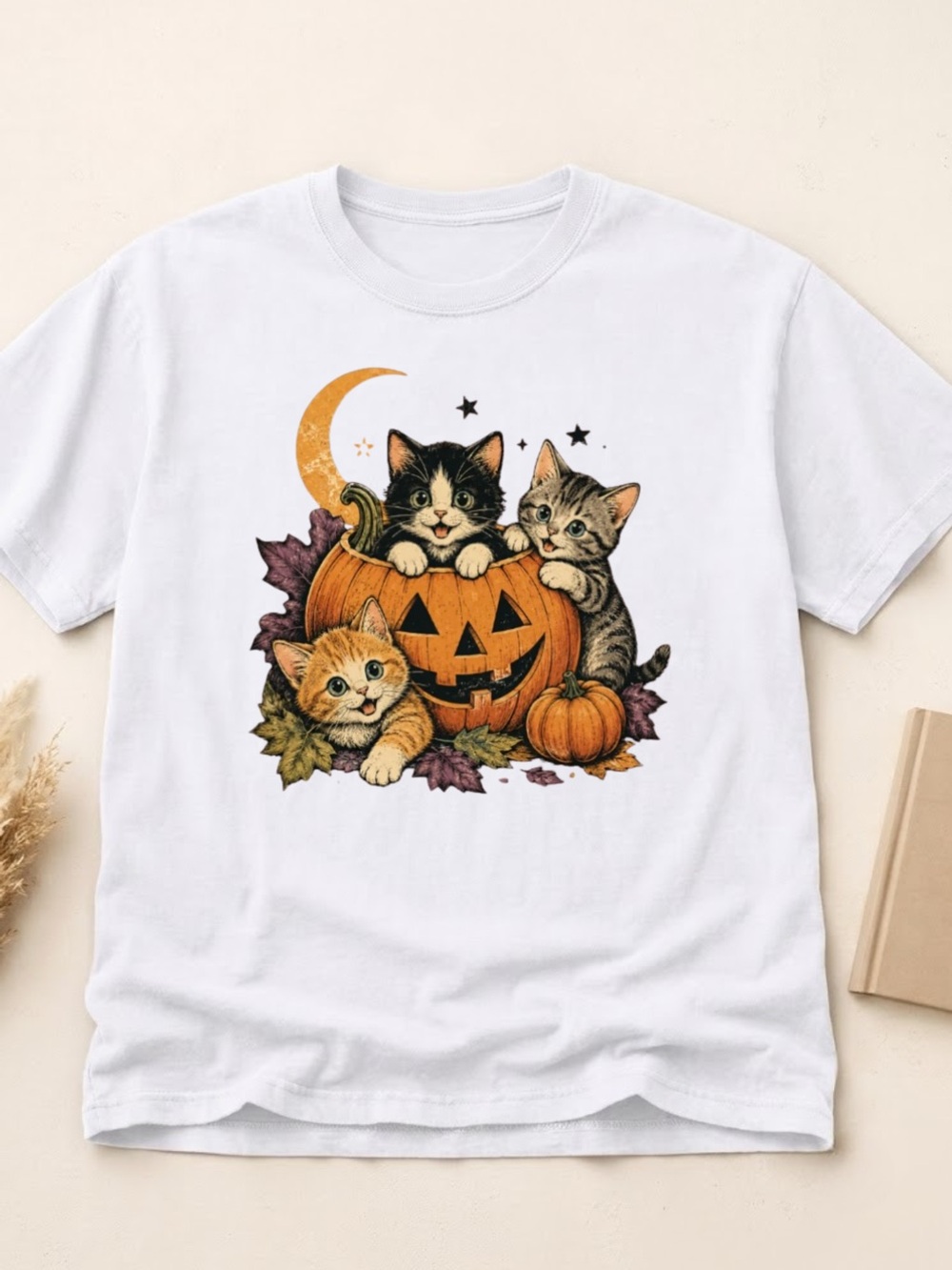 Gildan White Vintage Witch & Cat Ringer Tee, Halloween Black Cat Graphic Tee